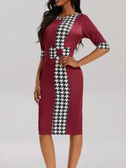 Women's Work Dress Sheath Dress Black Dress Fashion Office Daily Midi Dress Patchwork Print Crew Neck Half Sleeve Houndstooth Regular Fit Black Red Blue Fall Winter S M L XL XXL -Tesla Style lhxckv1694574591436