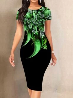 Women's Work Dress Sheath Dress Semi Formal Dress Fashion Midi Dress Print Crew Neck Short Sleeve Floral Slim Yellow Red Blue Summer Spring S M L XL XXL -Tesla Style libhgc1680088560384