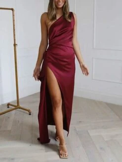 Women's Party Dress Satin Dress Sheath Dress Long Dress Maxi Dress Black Wine Beige Sleeveless Pure Color Backless Spring Summer One Shoulder Modern Slim 2023 S M L XL -Tesla Style lipwhu1650019490260