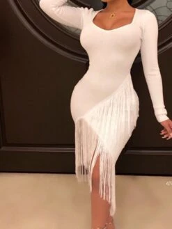 Women‘s Party Dress Wedding Guest Dress Fringe Dress Bodycon Midi Dress Black White Red Long Sleeve Pure Color Tassel Fringe Spring Fall Winter V Neck Fashion Winter Dress Vacation 2022 S M L XL XXL -Tesla Style liqsrx1640250276122