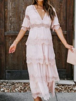 Women's Party Dress Lace Dress White Dress Midi Dress Black Pink White Half Sleeve Pure Color Lace Spring Summer V Neck S M L XL XXL -Tesla Style lirfrf1630555189788