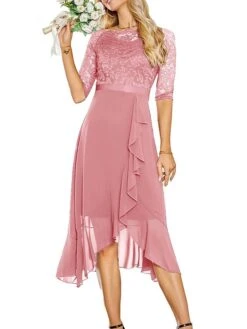 Women's Party Dress Lace Dress Cocktail Dress Midi Dress Pink Navy Blue Fuchsia 3/4 Length Sleeve Pure Color Lace Spring Fall Winter Off Shoulder Fashion Winter Dress Wedding Guest Vacation 2023 S M -Tesla Style liticy1692179140117