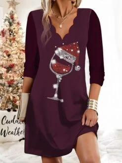 Women's Christmas Work Dress Casual Dress Fashion Winter DressDaily Mini Dress Print V Neck Long Sleeve Hat Regular Fit Navy Blue Fuchsia Green Fall Winter S M L XL XXL