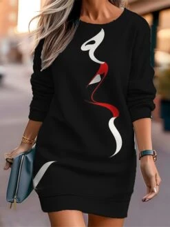 Women's Casual Dress Sweatshirt Dress Mini Dress Warm Fashion Outdoor Vacation Going Out Crew Neck Print Print Loose Fit Black White Red S M L XL XXL -Tesla Style ljahwt1694596715231