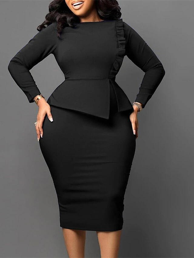 Women's Work Dress Sheath Dress Black Dress Fashion Midi Dress Ruched Split Crew Neck Long Sleeve Plain Regular Fit Black White Red Fall Winter S M L XL XXL 8 Women's Work Dress Sheath Dress Black Dress Fashion Midi Dress Ruched Split Crew Neck Long Sleeve Plain Regular Fit Black White Red Fall Winter S M L XL XXL - Image 6