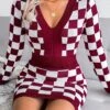 Women's Sweater Dress Jumper Dress Casual Dress Mini Dress Fashion Plaid Outdoor Daily Vacation Going Out V Neck Long Sleeve 2023 Loose Fit Black Yellow Wine One Size -Tesla Style ljptvt1694756660541