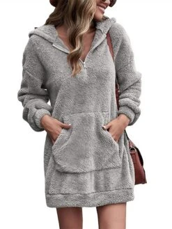 Womenâs Hoodie Dress Winter Dress Black Pink Army Green Navy Blue Beige Gray Long Sleeve Pure Color Zipper Pocket Winter Fall Hooded Stylish Casual Fall Dress Loose Fit 2022 S M L XL 2XL 3XL