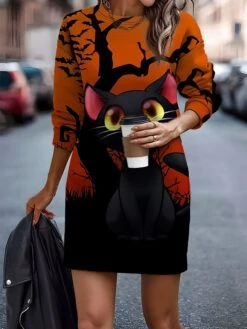 Women's Halloween Dress Casual Dress Sweatshirt Dress Mini Dress Warm Daily Outdoor Holiday Crew Neck Print Animal Pumpkin Print Loose Fit Black Yellow Red S M L XL XXL -Tesla Style lkchcd1692935621875