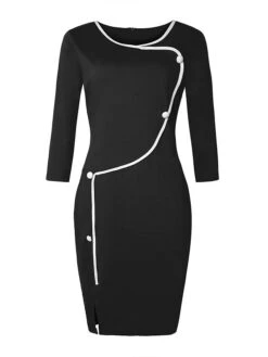 Women's Work Dress Sheath Dress Fashion Midi Dress Button Crew Neck 3/4 Length Sleeve Plain Slim Black Blue Summer Spring S M L XL XXL -Tesla Style lkwzut1684322608716