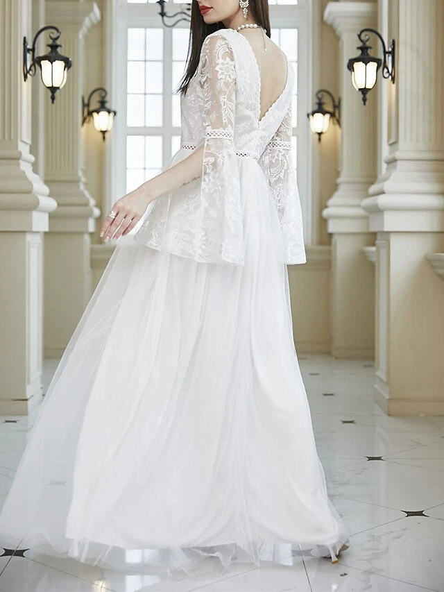 Women's Prom Dress Party Dress Lace Dress Long Dress Maxi Dress White Long Sleeve Pure Color Lace Summer Spring Fall V Neck Party Evening Party Wedding Guest Summer Dress 2023 S M L XL 5 Women's Prom Dress Party Dress Lace Dress Long Dress Maxi Dress White Long Sleeve Pure Color Lace Summer Spring Fall V Neck Party Evening Party Wedding Guest Summer Dress 2023 S M L XL - Image 3