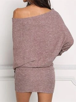 Women's Sweater Dress Winter Dress Jumper Dress Mini Dress Ruched Outdoor Street Daily Fashion Streetwear Off Shoulder Long Sleeve 2023 Loose Fit Wine Color S M L XL Size -Tesla Style llkkqa1694594671010