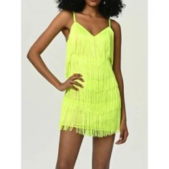 Women's Party Dress Fringe Dress Homecoming Dress Mini Dress Light Pink Neon Green Neon Yellow Sleeveless Plain Tassel Fringe Summer Spring Fall V Neck Fashion Party Vacation Fall Dress 2023 S M L XL -Tesla Style llqehu1692327278708