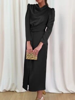 Women's Work Dress Satin Dress Semi Formal Dress Fashion Long Dress Maxi Dress Split Stand Collar Long Sleeve Plain Regular Fit Black Blue Sky Blue Fall Winter S M L XL -Tesla Style llxgjr1692761653709