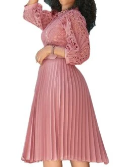 Women's Party Dress Lace Dress A Line Dress Midi Dress Black White Pink 3/4 Length Sleeve Pure Color Lace Fall Winter Autumn Crew Neck Elegant Party Spring Dress 2023 S M L XL XXL 3XL -Tesla Style lmbszr1656585400217