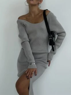 Women's Sweater Dress Winter Dress Jumper Dress Midi Dress Split Outdoor Daily Vacation Fashion Streetwear V Neck Long Sleeve 2023 Regular Fit Black White Green Color S M L Size -Tesla Style lmdgop1692614183933