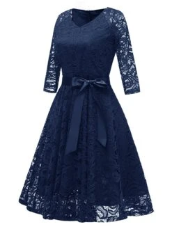 Women‘s Vintage Tea Dresses Party Dress Lace Dress Homecoming Dress Knee Length Dress Pink Wine Navy Blue 3/4 Length Sleeve Pure Color Lace Summer Spring Fall V Neck Classic Winter Dress -Tesla Style lnckme1659516418672