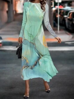 Women's Work Dress Casual Dress Semi Formal Dress Fashion Winter Dress Daily Midi Dress Print Crew Neck Long Sleeve Floral Ombre Slim Light Green Navy Blue Blue Fall Winter S M L XL XXL -Tesla Style lndppg1694750413981