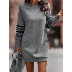 Women's Casual Dress Sweatshirt Dress Winter Dress Mini Dress Ruched Patchwork Street Daily Holiday Fashion Streetwear Crew Neck Long Sleeve 2023 Loose Fit Grey Color S M L XL Size -Tesla Style lnfcpm1692162752737