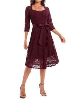 Women's Party Dress Lace Dress Vintage Dress Midi Dress Black Wine Navy Blue 3/4 Length Sleeve Pure Color Lace Summer Spring Fall Square Neck Fashion Wedding Guest Birthday Vacation 2023 S M L XL XXL -Tesla Style lnotmn1671444174299