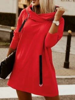 Womenâs Hoodie Dress Winter Dress Black Army Green Red Long Sleeve Pure Color Zipper Pocket Winter Fall Hooded Stylish Modern Mature Fall Dress 2022 S M L XL XXL 3XL 4XL 5XL