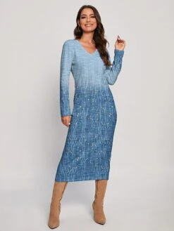 Women's Christmas Dress Sweater Dress Jumper Dress Midi Dress Warm Floral Outdoor Christmas Daily Holiday V Neck Long Sleeve 2023 Regular Fit Blue Purple S M L XL XXL 3XL