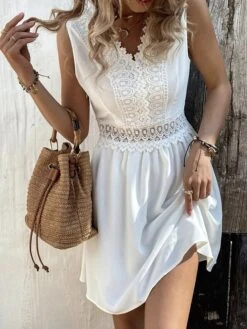 Women's Party Dress Lace Dress Homecoming Dress Midi Dress Black White Sleeveless Pure Color Lace Summer Spring V Neck Fashion Wedding Guest Summer Dress 2023 S M L XL 2XL -Tesla Style lohmzr1685081640866