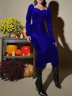 Women's Party Dress Velvet Dress Wedding Guest Dress Long Dress Maxi Dress Black Wine Blue Long Sleeve Pure Color Ruched Spring Fall Winter Square Neck Fashion Winter Dress Evening Party Wedding Guest -Tesla Style lohuiz1692675043500