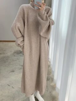 Women‘s Sweater Dress Winter Dress Casual Dress Maxi Dress Brown Apricot Grey Long Sleeve Pure Color Knit Winter Fall Turtleneck High Neck Stylish Casual Modern Fit 2022 One-Size -Tesla Style lopodv1664440417668