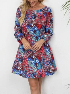 Women's Work Dress A Line Dress Fashion Mini Dress Print Crew Neck Long Sleeve Floral Loose Fit Red Blue Orange Fall S M L XL XXL -Tesla Style lpewzw1693300575266