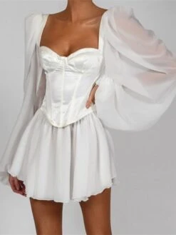 Women's Party Dress Corset Dress Cocktail Dress Mini Dress White Long Sleeve Pure Color Ruched Fall Autumn Square Neck Fashion Winter Dress Birthday Wedding Guest 2023 M L XL