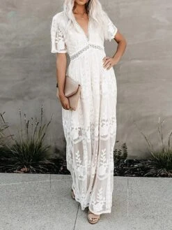 Women's Party Dress Lace Dress Sheath Dress Long Dress Maxi Dress White Short Sleeve Pure Color Fall Spring Summer Deep V S M L XL XXL -Tesla Style lppbsz1648031006213