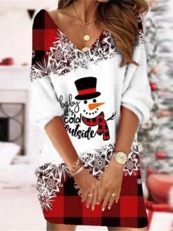 Women's Christmas Sweatshirt Dress Shift Dress Sweat Dress Mini Dress Wine Light Red Dusty Blue 3/4 Length Sleeve Santa Claus Print Winter Fall Autumn V Neck Fashion 2022 S M L XL XXL 3XL