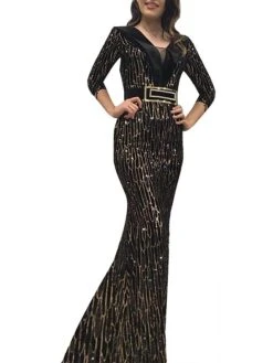 Women's Party Dress Sequin Dress Wedding Guest Dress Long Dress Maxi Dress Black Pink Blue 3/4 Length Sleeve Pure Color Sequins Spring Fall Winter V Neck Fashion Winter Dress Wedding Guest Evening -Tesla Style lqdpcu1697621542374