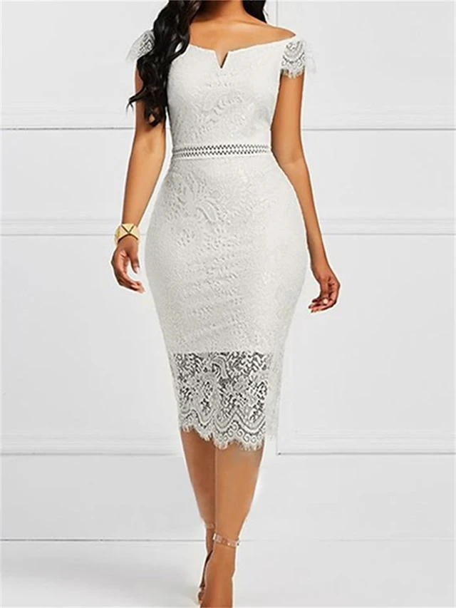 Women's Work Dress Party Dress Lace Dress Fashion Lace Sleeve Midi Dress Lace Off Shoulder Short Sleeve Plain Regular Fit Black White Navy Blue Summer Spring S M L XL 3 Women's Work Dress Party Dress Lace Dress Fashion Lace Sleeve Midi Dress Lace Off Shoulder Short Sleeve Plain Regular Fit Black White Navy Blue Summer Spring S M L XL