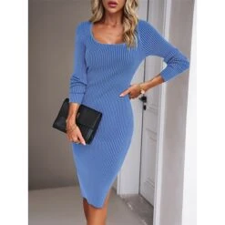 Women's Sweater Dress Winter Dress Jumper Dress Midi Dress Split Daily Date Going Out Active Fashion Crew Neck Long Sleeve 2023 Slim Black Blue Green Color S M L XL Size -Tesla Style lqzlhk1692353018273
