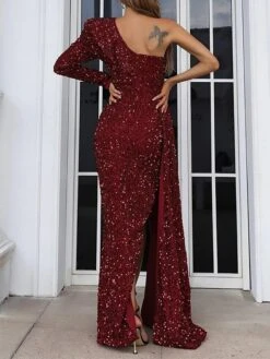 Women‘s Prom Dress Party Dress Sequin Dress Long Dress Maxi Dress Silver Pink Wine Long Sleeve Pure Color Sparkly Glitter Sequins Fall Winter Autumn One Shoulder Fashion Winter Dress Evening -Tesla Style lrdydr1694661302197