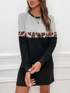 Women's Casual Dress Sweatshirt Dress Print Dress Leopard Print Crew Neck Mini Dress Active Fashion Outdoor Street Long Sleeve Loose Fit Black Fall Winter S M L XL