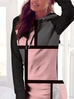Women's Casual Dress Hoodie Dress Winter Dress Geometric Plaid Print Hooded Midi Dress Fashion Streetwear Outdoor Date Long Sleeve Loose Fit Pink Fall Winter S M L XL XXL -Tesla Style lrwzyq1694076176286