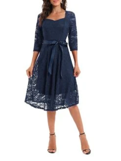 Women's Party Dress Lace Dress Vintage Dress Midi Dress Black Wine Navy Blue 3/4 Length Sleeve Pure Color Lace Summer Spring Fall Square Neck Fashion Wedding Guest Birthday Vacation 2023 S M L XL XXL -Tesla Style lsezoq1671444178772
