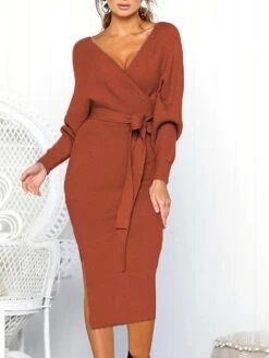 Women's Sweater Dress Winter Dress Jumper Dress Midi Dress Lace Up Split Daily Date Going Out Active Fashion V Neck Long Sleeve 2023 Regular Fit Black Yellow Fuchsia Color S M L XL XXL Size