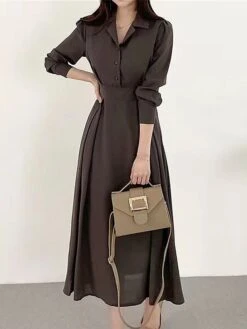 Women's Work Dress Semi Formal Dress A Line Dress Fashion Office Daily Workfashion Midi Dress Ruched Button Shirt Collar Long Sleeve Plain Loose Fit Black Brown Apricot Fall Winter S M L XL -Tesla Style lsvedu1695805447176