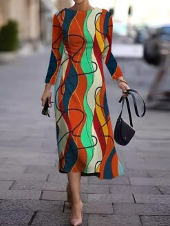 Women's Work Dress Casual Dress Semi Formal Dress Fashion Winter Dress Daily Midi Dress Print Crew Neck Long Sleeve Floral Abstract Slim Pink Wine Green Fall Winter S M L XL XXL -Tesla Style lsvxsm1694151640198