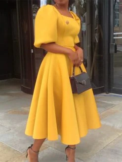 Women‘s Semi Formal Party Dress Wedding Guest Dress Satin Dress Swing Dress Midi Dress Yellow Blue Orange Half Sleeve Pure Color Ruched Winter Fall Square Neck 2023 S M L XL XXL 3XL -Tesla Style lswdpl1660640930883