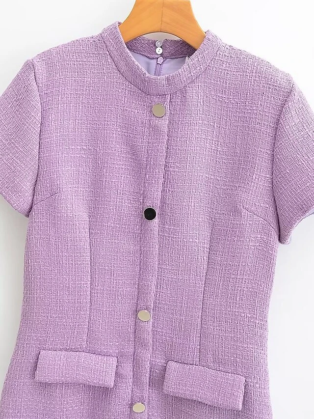 Women's Work Dress Casual Dress Sheath Dress Fashion Office Daily Mini Dress Patchwork Button Stand Collar Short Sleeve Plain Regular Fit Purple Fall Winter S M L 6 Women's Work Dress Casual Dress Sheath Dress Fashion Office Daily Mini Dress Patchwork Button Stand Collar Short Sleeve Plain Regular Fit Purple Fall Winter S M L - Image 4