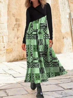 Women's Work Dress Casual Dress Swing Dress Fashion Winter Dress Daily Long Dress Maxi Dress Button Print V Neck Long Sleeve Color Block Tribal Regular Fit Royal Blue Blue Green Fall Winter S M L XL -Tesla Style ltjdpr1695350910859