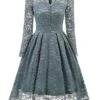 Women's Party Dress Lace Dress Homecoming Dress Knee Length Dress Green Gray Long Sleeve Pure Color Lace Spring Fall Winter V Neck Vintage Party Winter Dress Birthday 2023 S M L XL XXL -Tesla Style ltrjab1657534857566