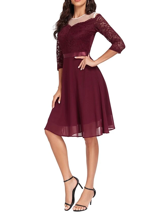 Women's Party Dress Lace Dress Cocktail Dress Midi Dress Black Wine Navy Blue 3/4 Length Sleeve Pure Color Lace Spring Fall Winter Crew Neck Fashion Winter Dress Wedding Guest Vacation 2023 S M L XL 5 Women's Party Dress Lace Dress Cocktail Dress Midi Dress Black Wine Navy Blue 3/4 Length Sleeve Pure Color Lace Spring Fall Winter Crew Neck Fashion Winter Dress Wedding Guest Vacation 2023 S M L XL - Image 3