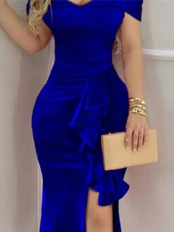 Women‘s Cocktail Party Dress Wedding Guest Dress Velvet Dress Long Dress Maxi Dress Blue Short Sleeve Pure Color Ruffle Winter Fall Spring V Neck Elegant Vacation 2023 S M L XL -Tesla Style lubsnu1636449157853