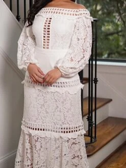 Women's Party Dress Lace Dress Sheath Dress Long Dress Maxi Dress White Long Sleeve Pure Color Hollow Out Winter Fall Spring Off Shoulder Mature Winter Dress Birthday Evening Party 2023 S M L XL XXL -Tesla Style ludagp1656561360281
