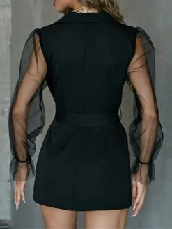 Women's Work Dress Blazer Dress Sheath Dress Fashion Office Daily Workfashion Mesh Sleeve Mini Dress Mesh Button Shirt Collar Long Sleeve Plain Regular Fit Black Dark Green Green Fall Winter S M L -Tesla Style luhmlo1697711844286